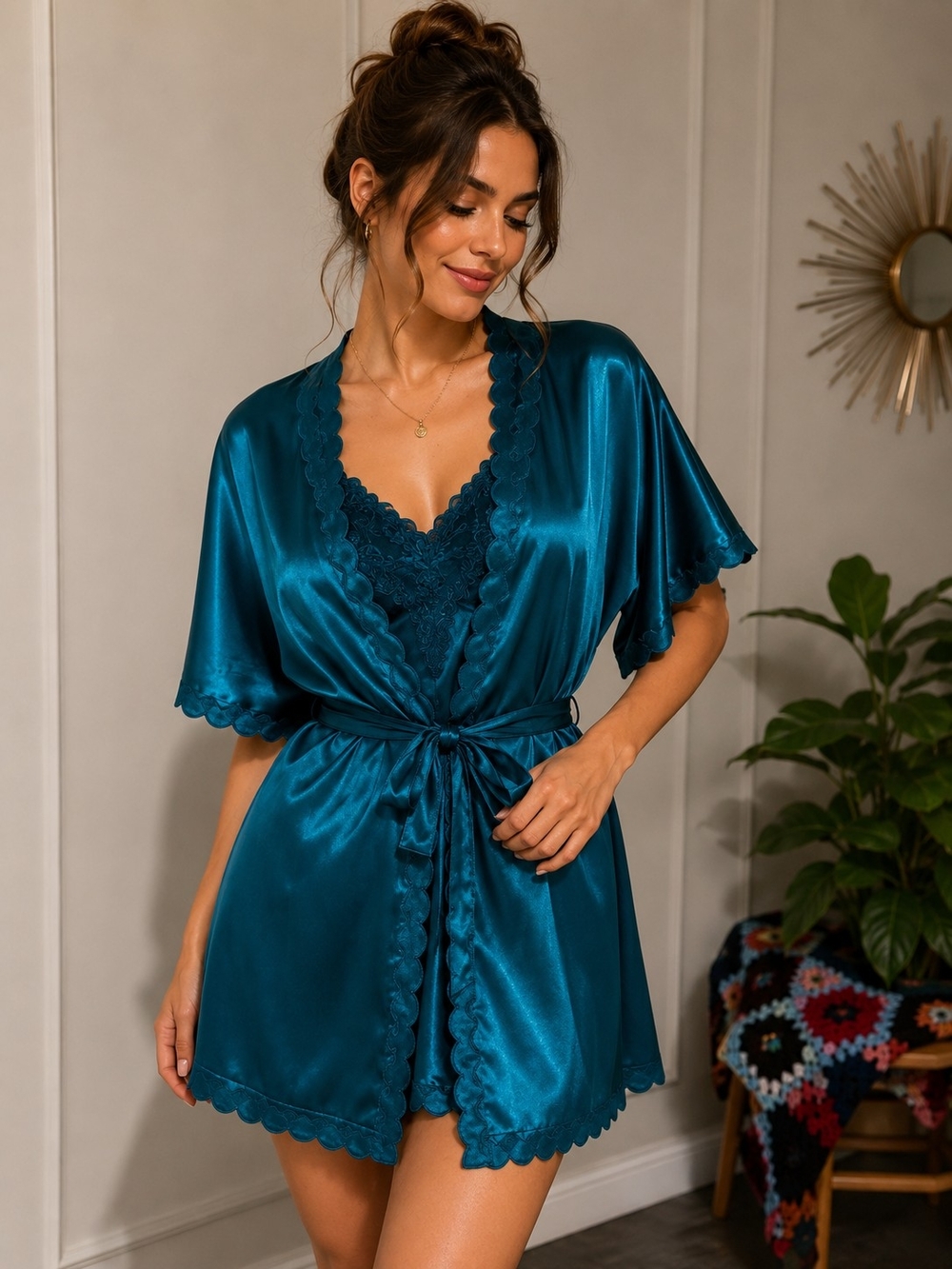 Vintage Gold Label Victoria's Secret Teal Satin Cami & Robe Lingerie Set M
